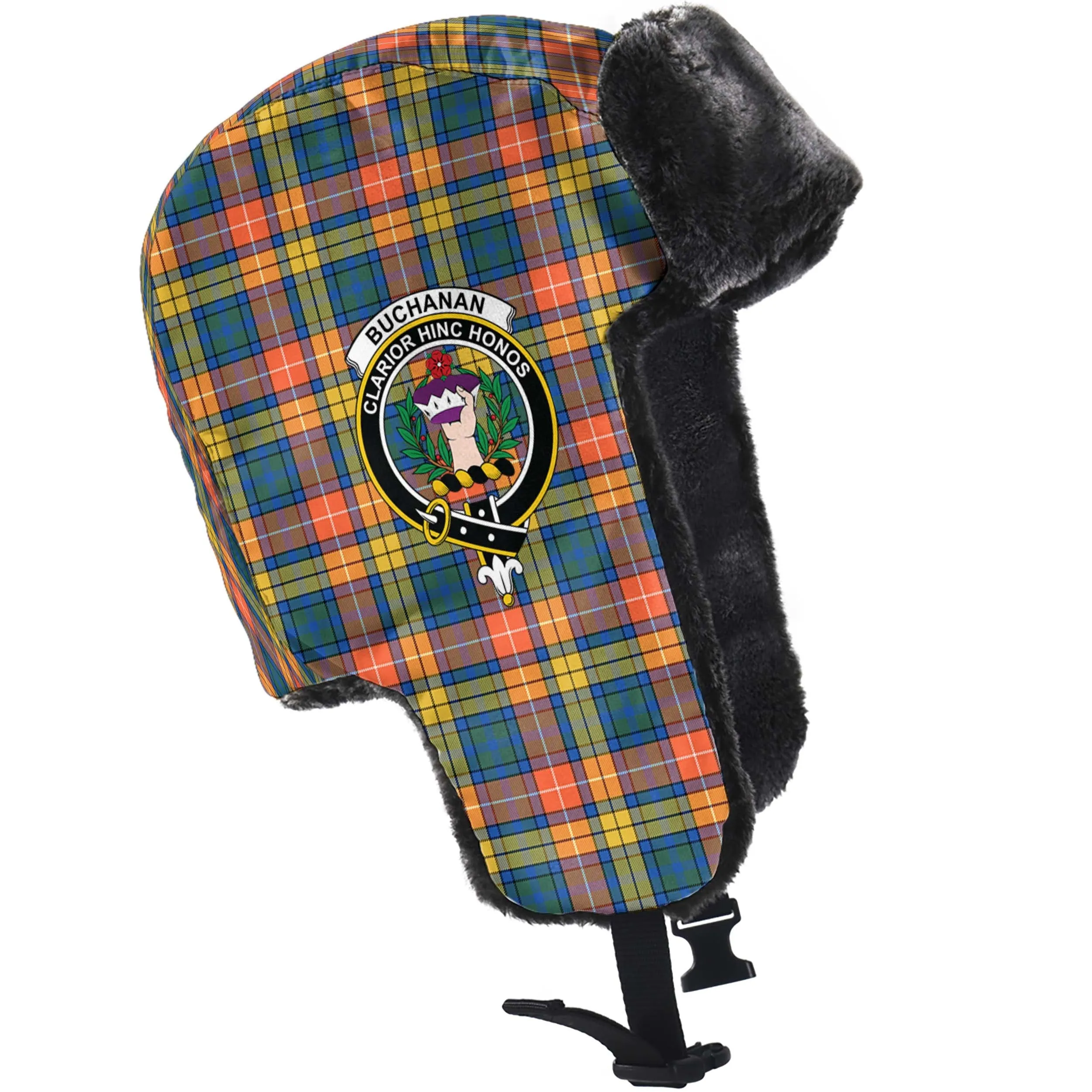 Buchanan Ancient Tartan Winter Trapper Hat with Family Crest