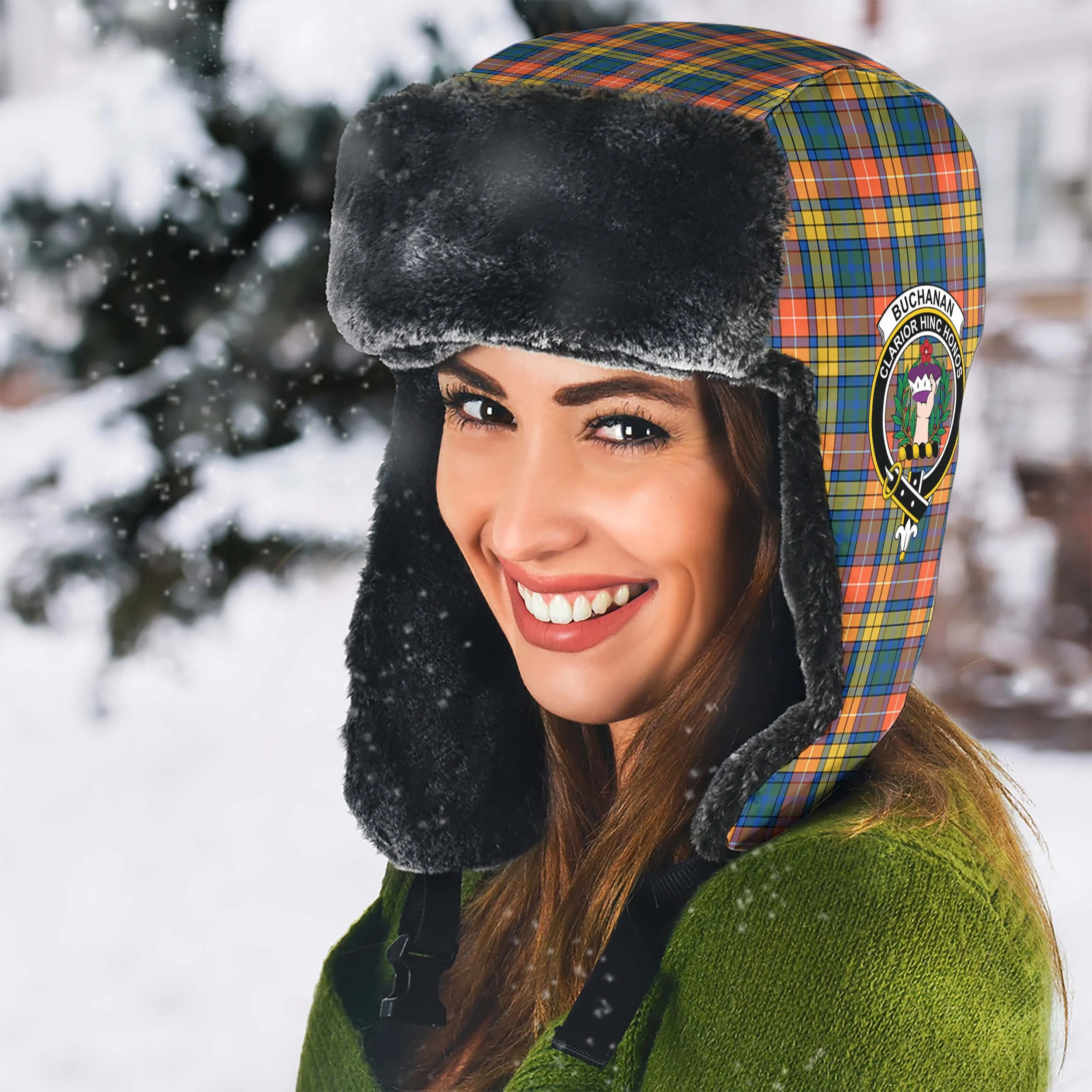 Buchanan Ancient Tartan Winter Trapper Hat with Family Crest