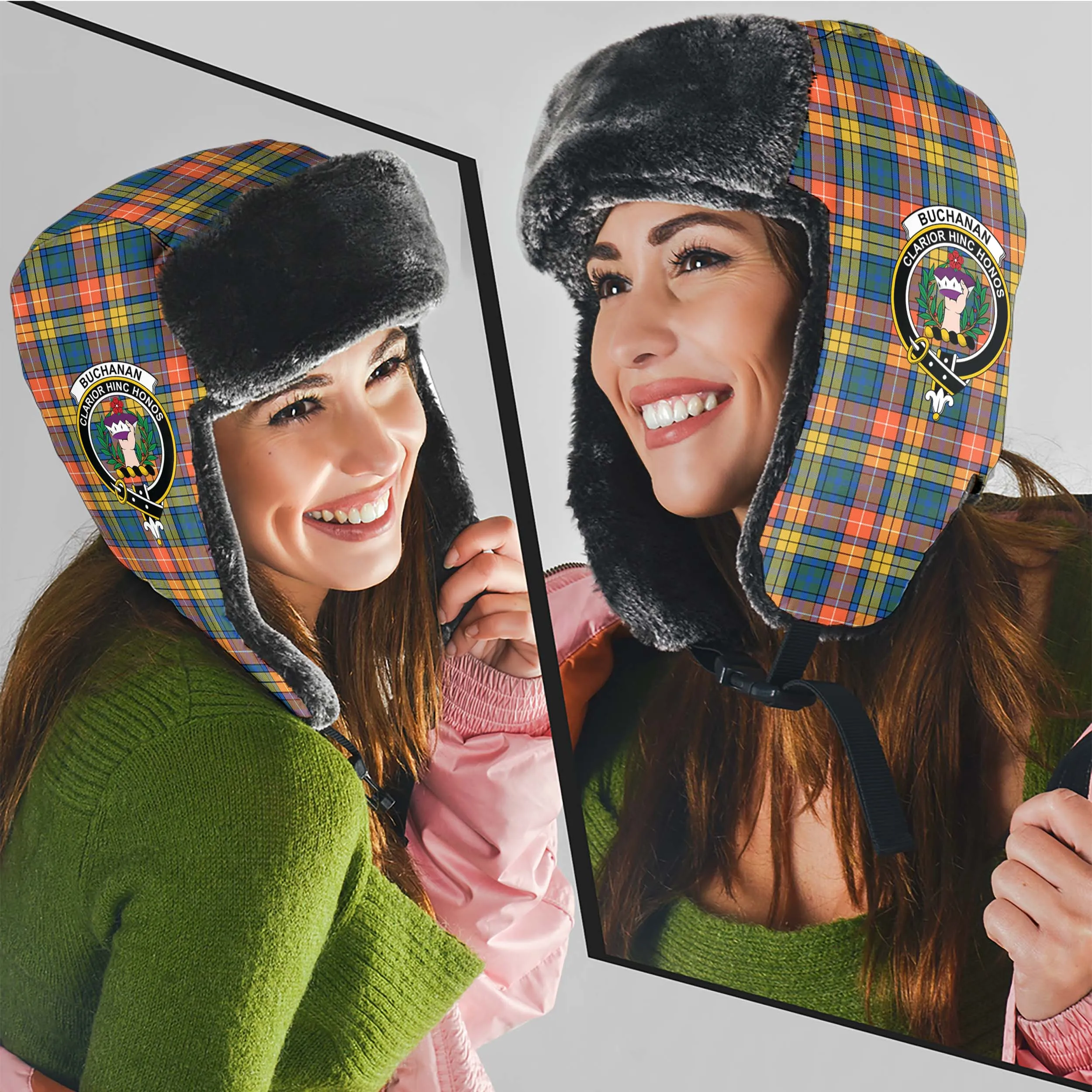 Buchanan Ancient Tartan Winter Trapper Hat with Family Crest