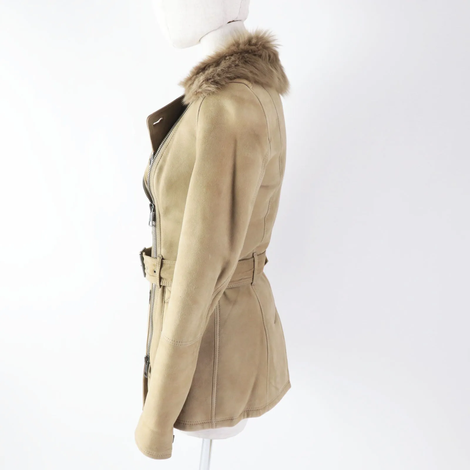 Burberry Shearling Belted Zip-Up Coat Beige 38