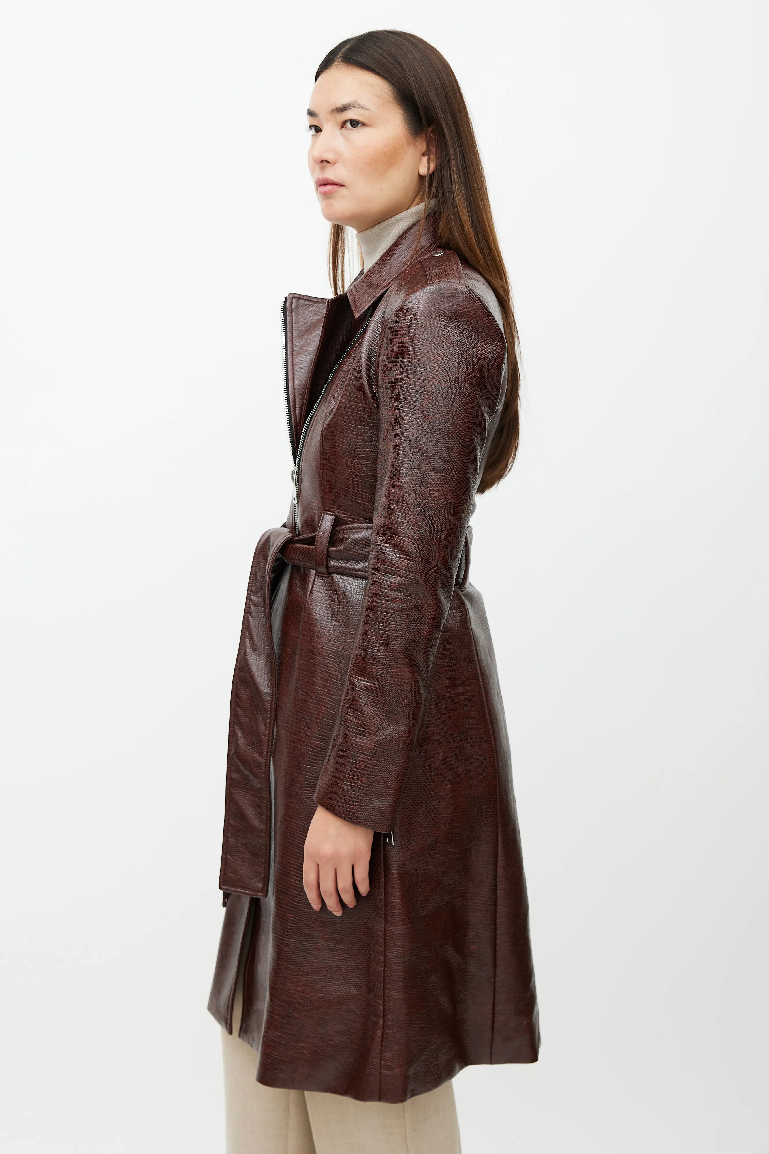 Burgundy Faux Leather Leyster Belted Coat