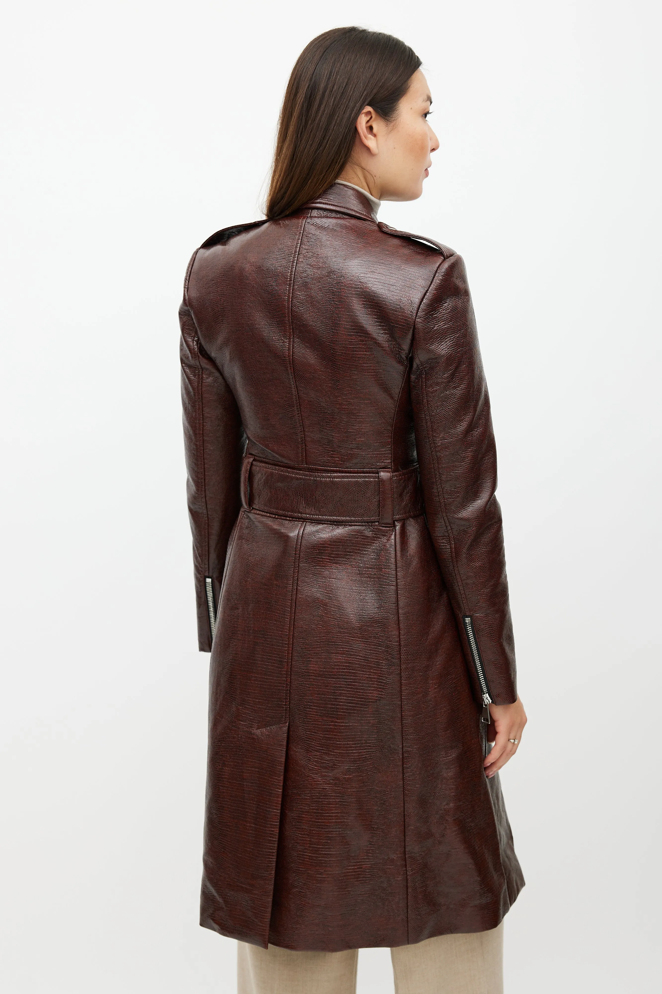 Burgundy Faux Leather Leyster Belted Coat