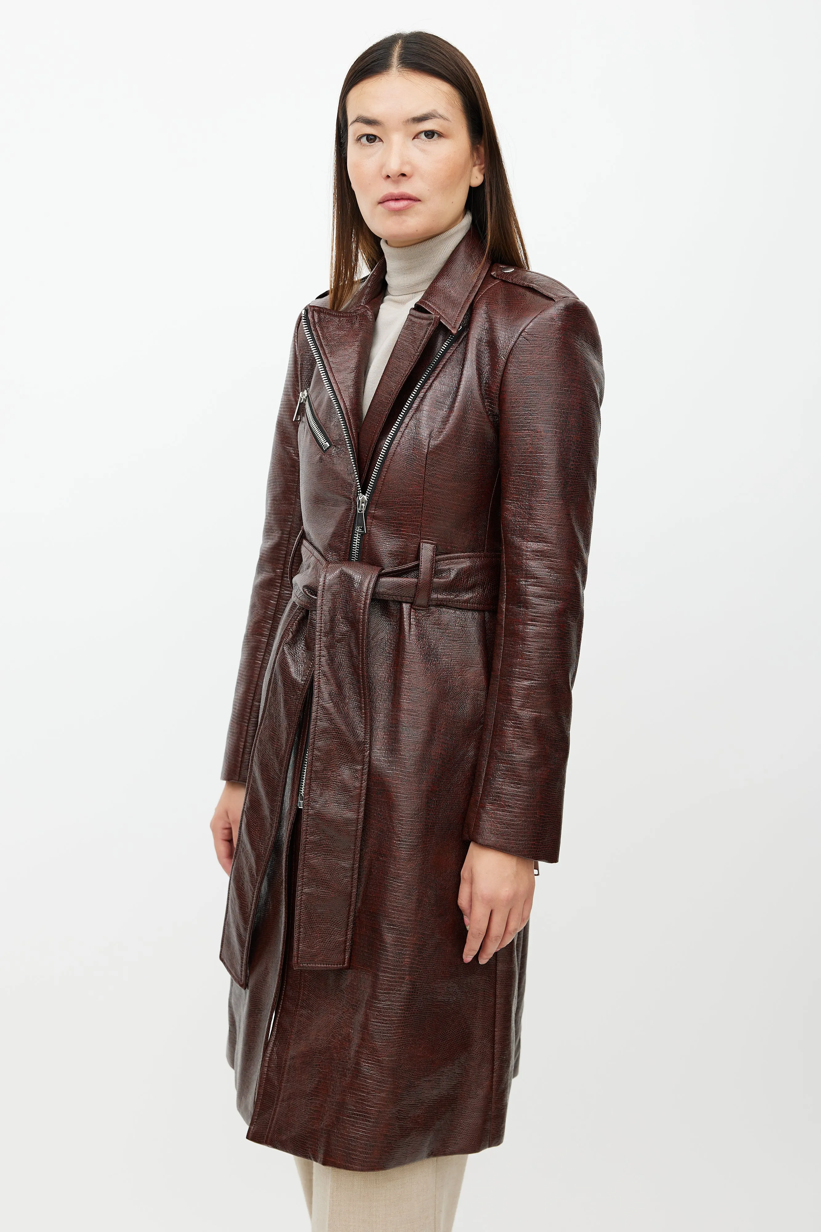 Burgundy Faux Leather Leyster Belted Coat