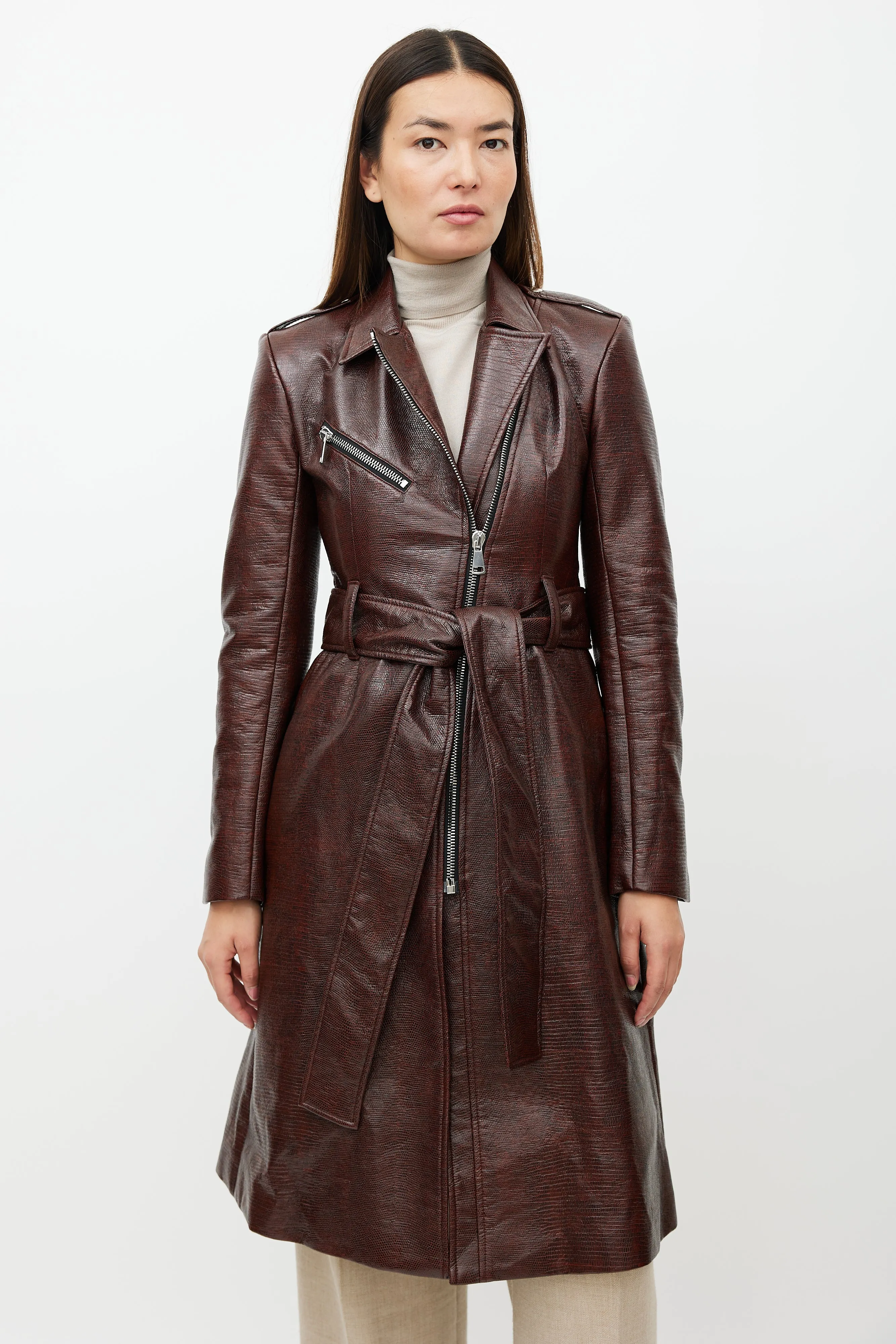 Burgundy Faux Leather Leyster Belted Coat