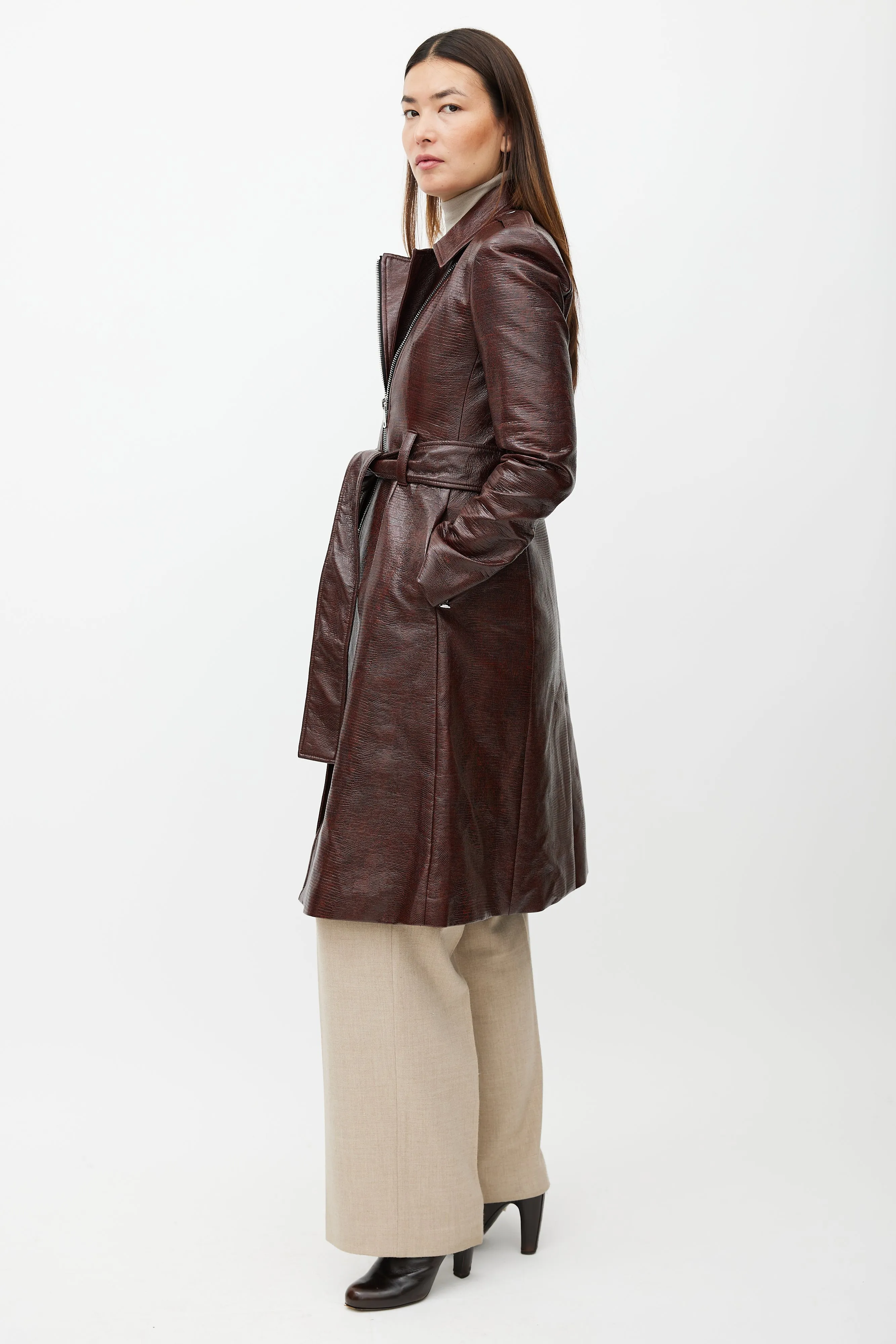 Burgundy Faux Leather Leyster Belted Coat