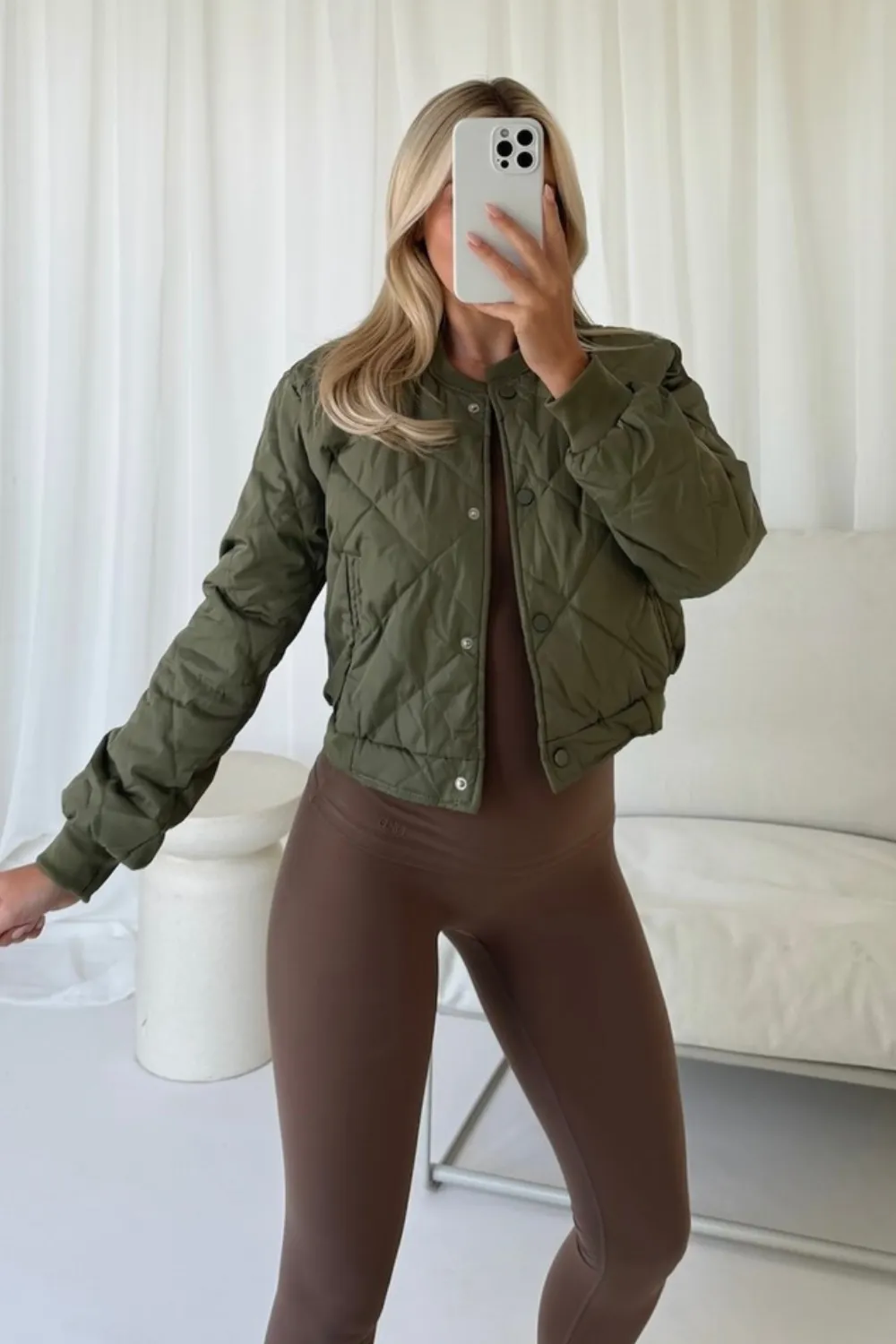 Cady khaki quilted bomber jacket