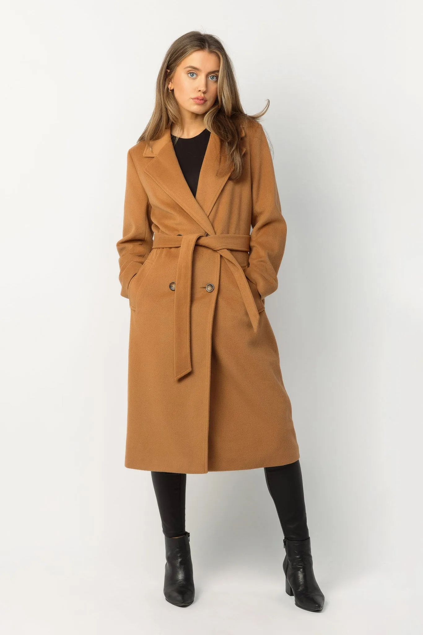 Camel Double-Breasted Belted Coat