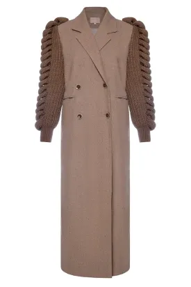 CAMEL DOUBLE-BREASTED KNITTED SLEEVES COAT