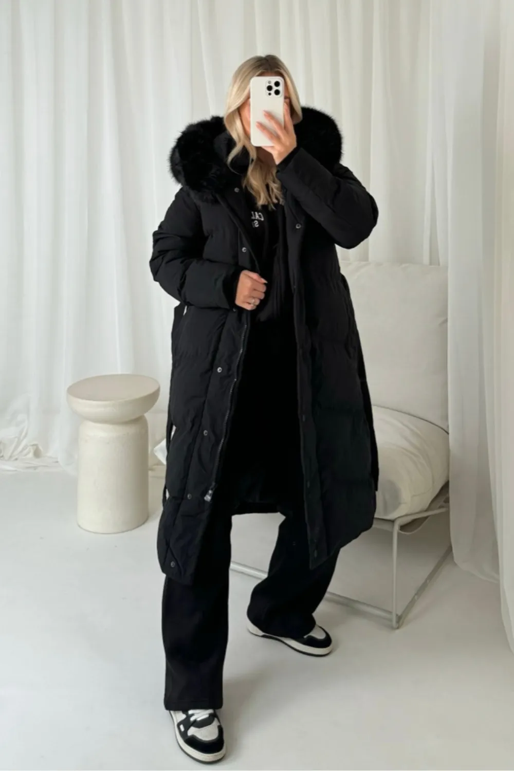 Carly black faux fur hooded long duvet coat