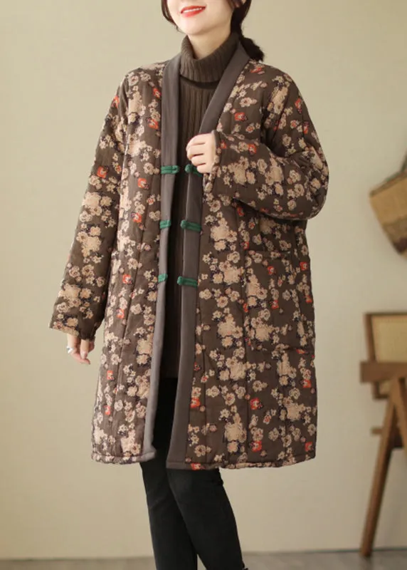 Casual Brown V Neck Print Warm Fleece Thick Long Parka Long Sleeve LY9728