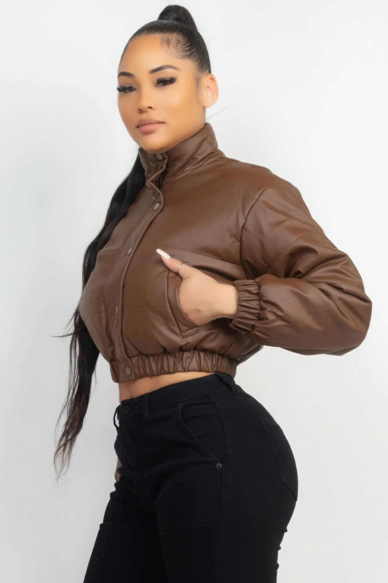 Chic Snap Button Padded Crop Jacket in Dark Brown – Exclusive by Fashion M&J