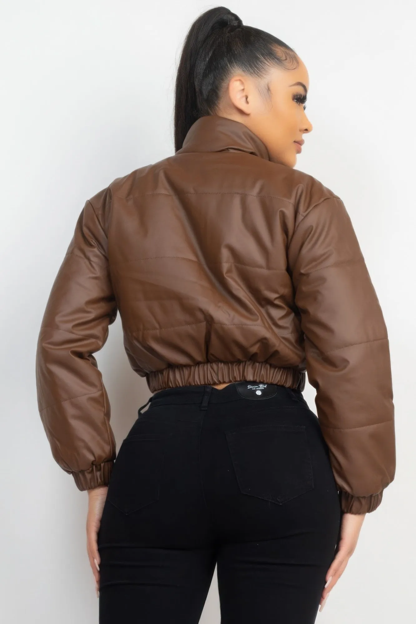 Chic Snap Button Padded Crop Jacket in Dark Brown – Exclusive by Fashion M&J