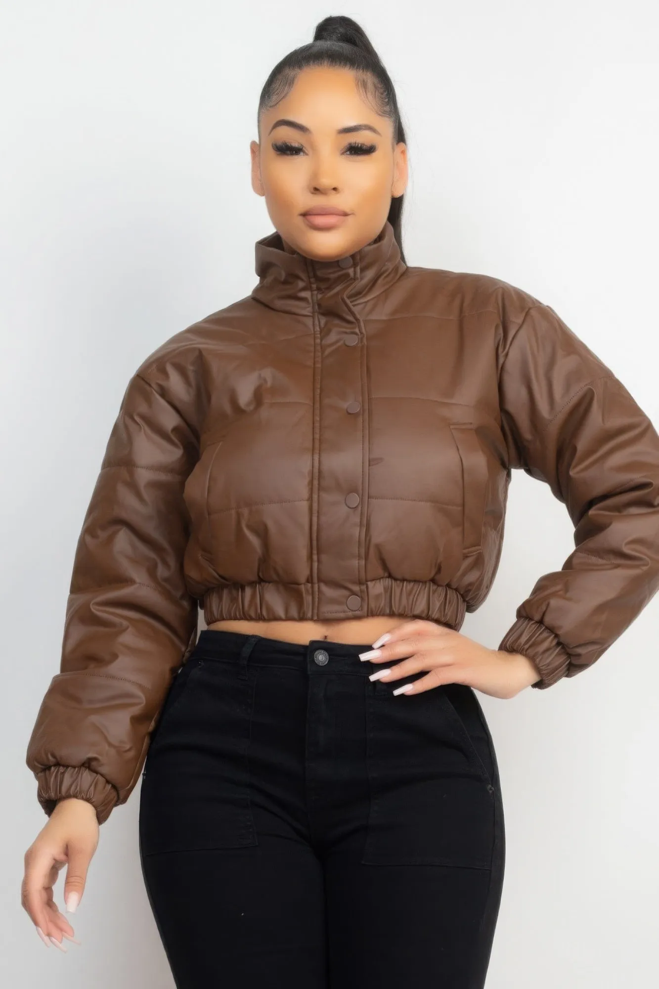 Chic Snap Button Padded Crop Jacket in Dark Brown – Exclusive by Fashion M&J