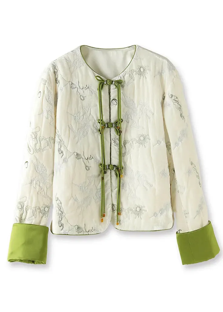 Chinese Style White Embroideried Button Silk Velour Parka Long Sleeve ML1347