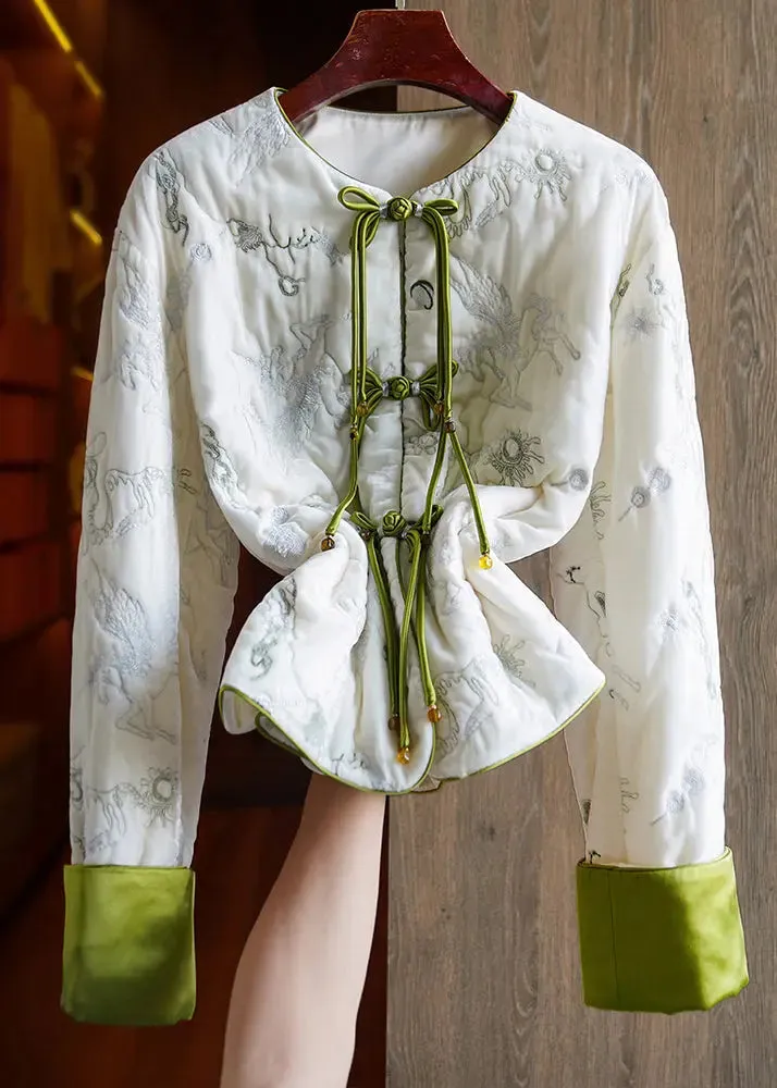 Chinese Style White Embroideried Button Silk Velour Parka Long Sleeve ML1347