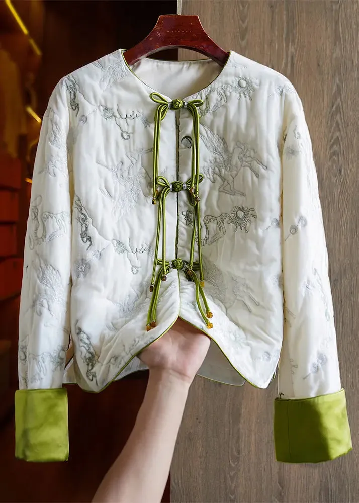 Chinese Style White Embroideried Button Silk Velour Parka Long Sleeve ML1347