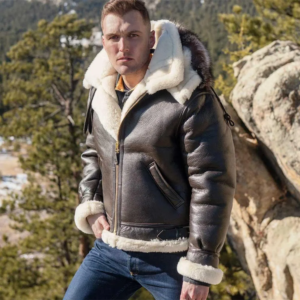 Cockpit USA Mens Hooded B-3 Sheepskin Bomber Jacket