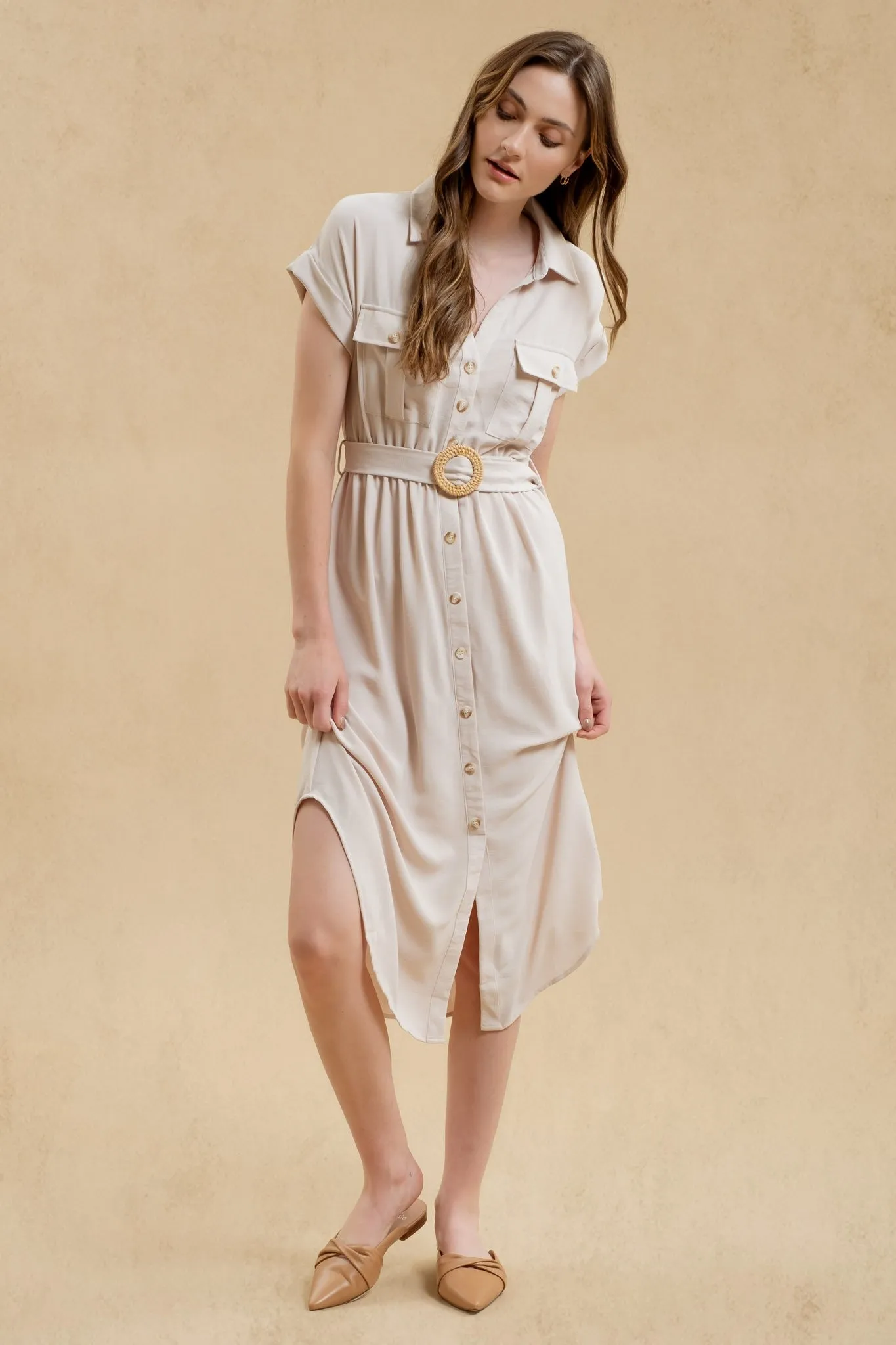 Collared Button Down Belted Dress - Light Khaki