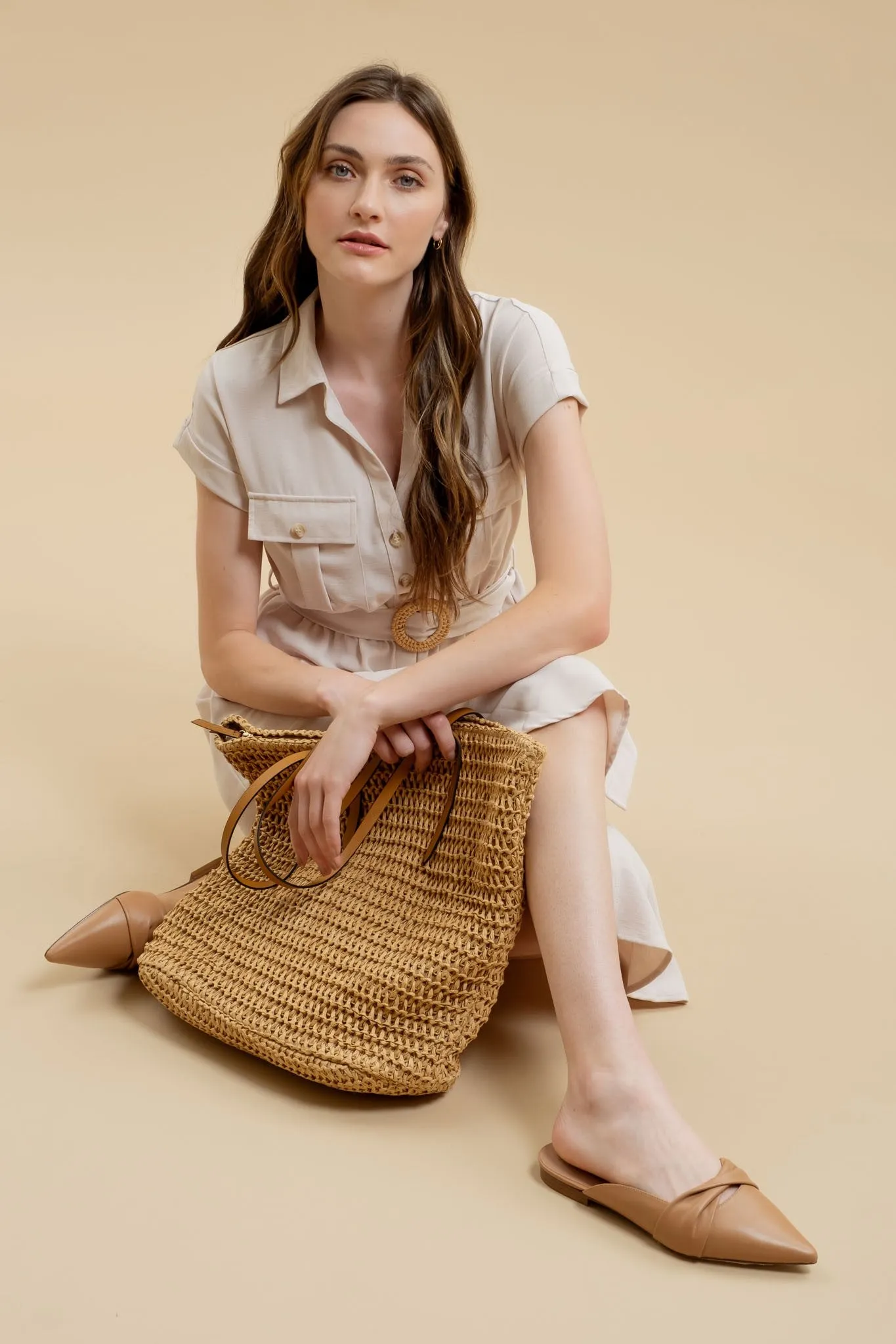 Collared Button Down Belted Dress - Light Khaki