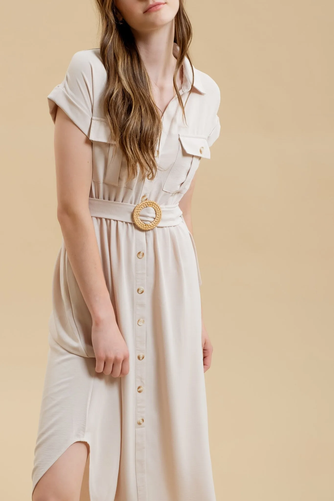 Collared Button Down Belted Dress - Light Khaki