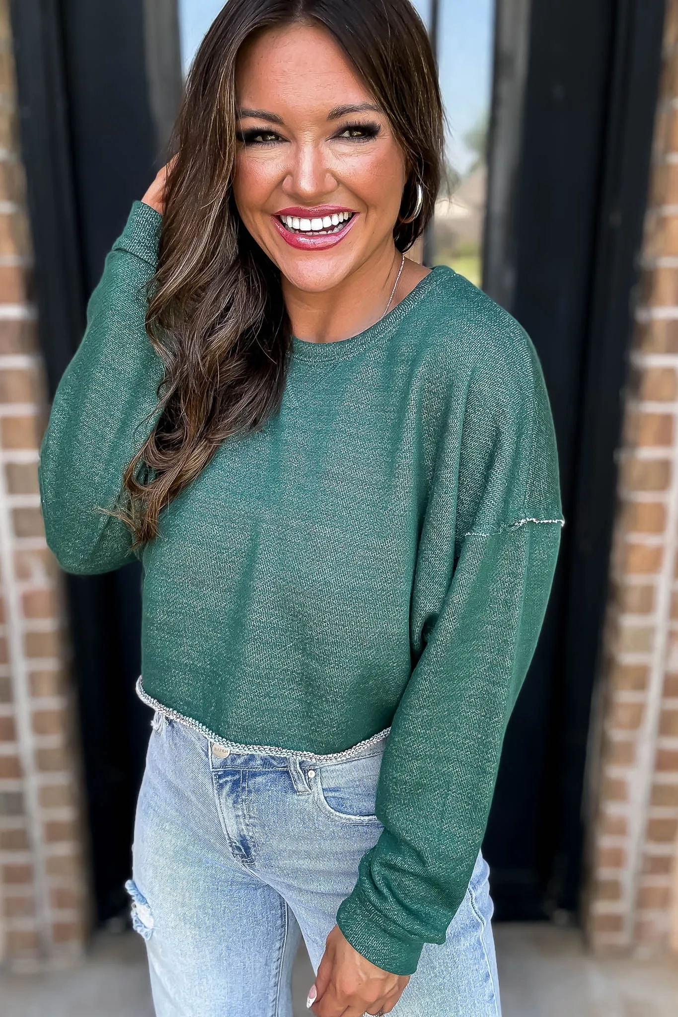 Comfy Crewneck Hunter Green Crop Sweatshirt