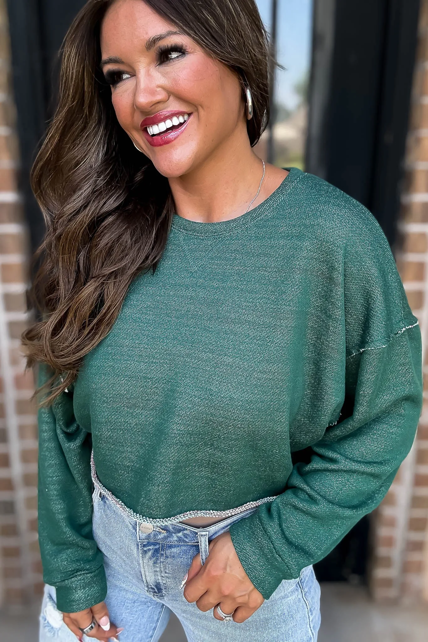 Comfy Crewneck Hunter Green Crop Sweatshirt