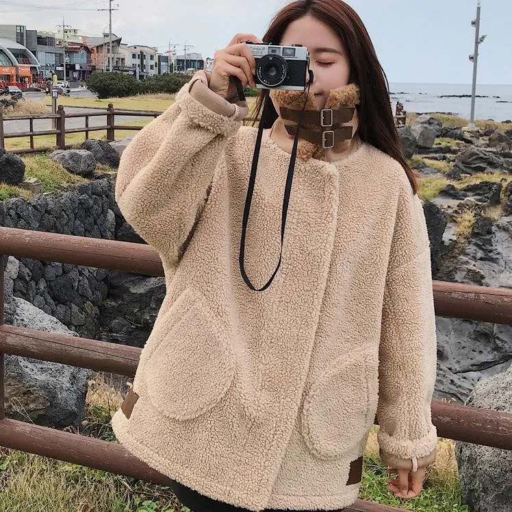 Curly Faux Fur Warm Loose Beige Coat Jacket