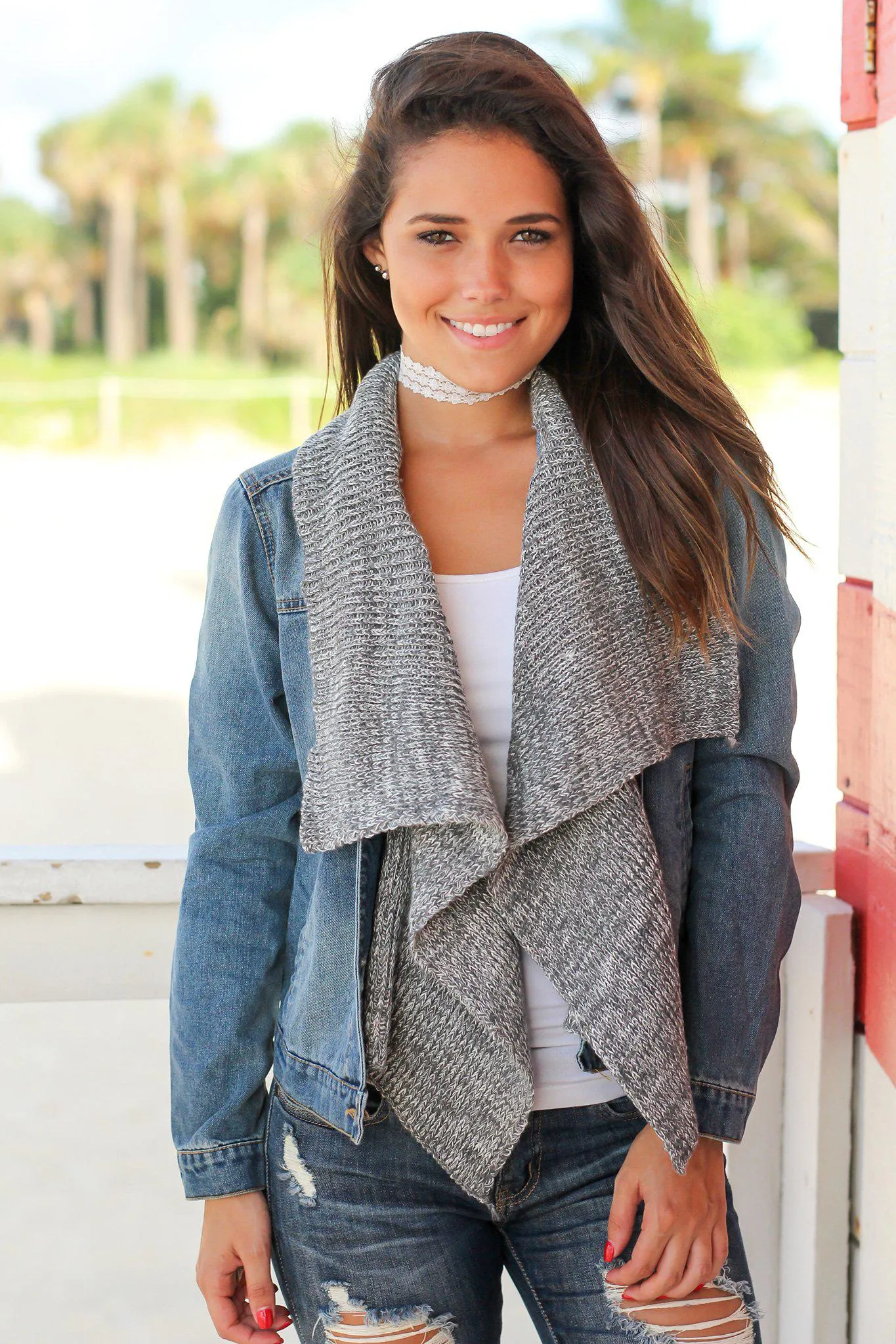 Denim Jacket with Gray Draped Front