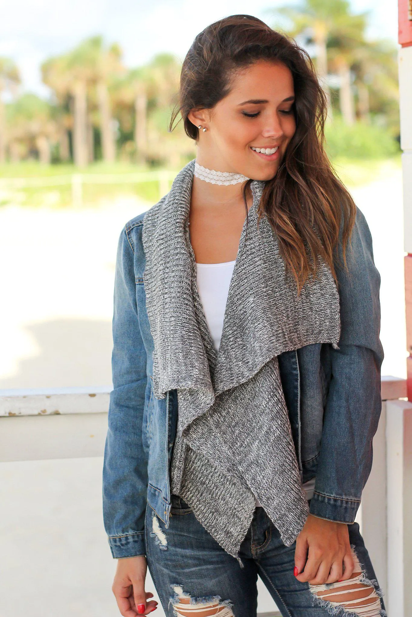 Denim Jacket with Gray Draped Front