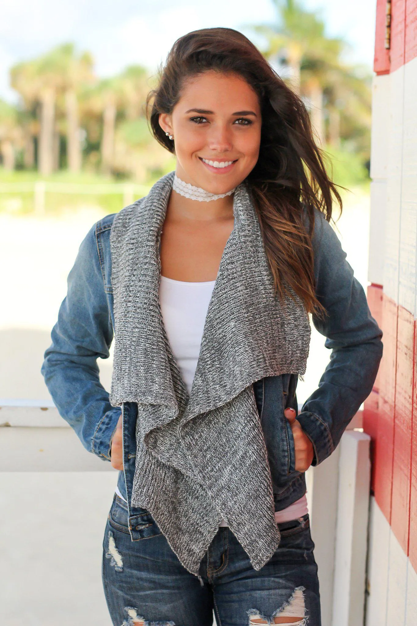 Denim Jacket with Gray Draped Front