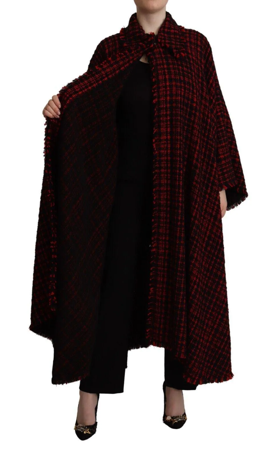 Dolce & Gabbana Black Red Cotton Checkered Over Coat Jacket