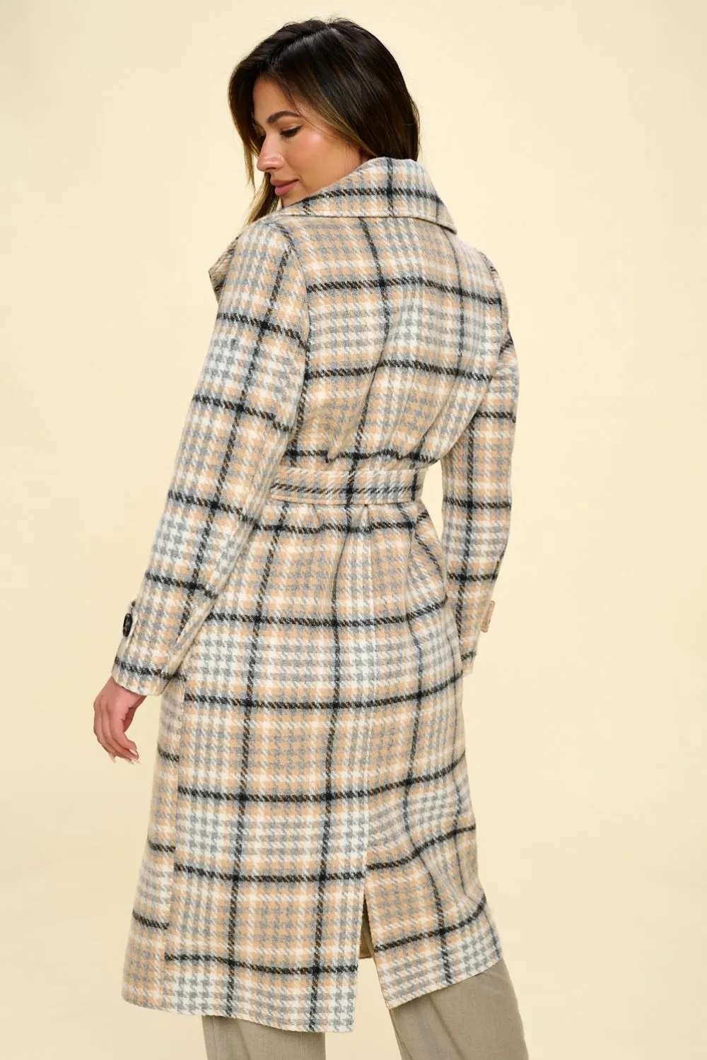 Double-Breasted Plaid Coat with Belt