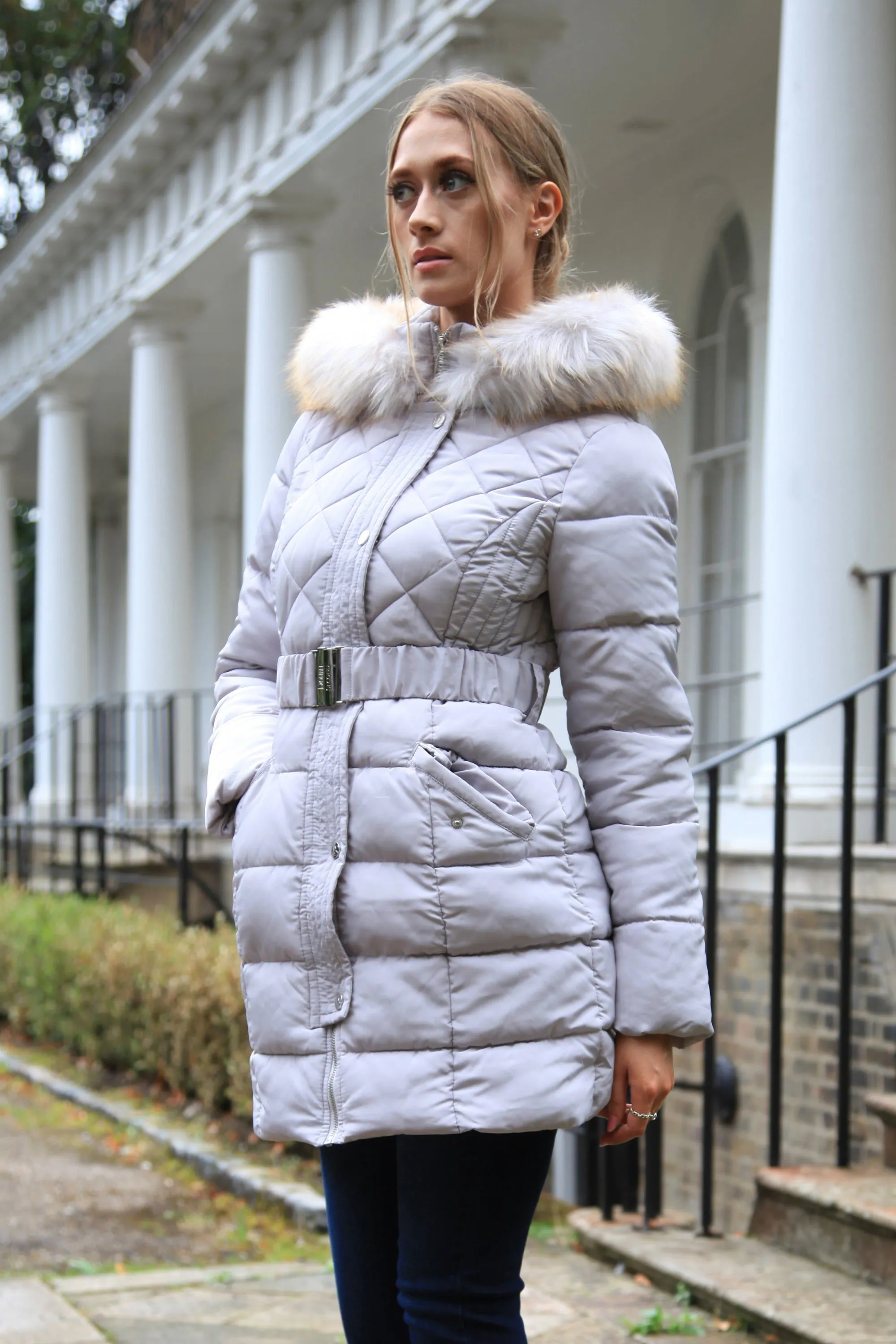 Double Second Silver Grey Quilted Longline Puffer