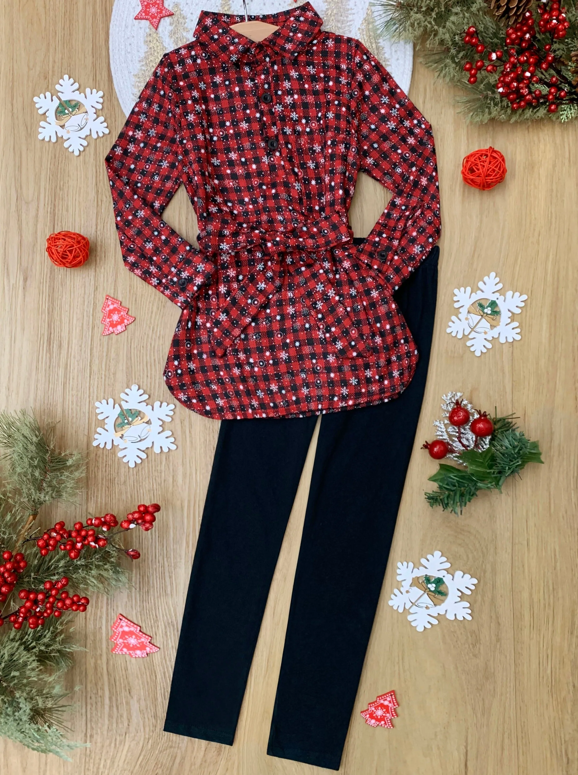 Festive Chic Plaid Belted Jacket and Legging Set