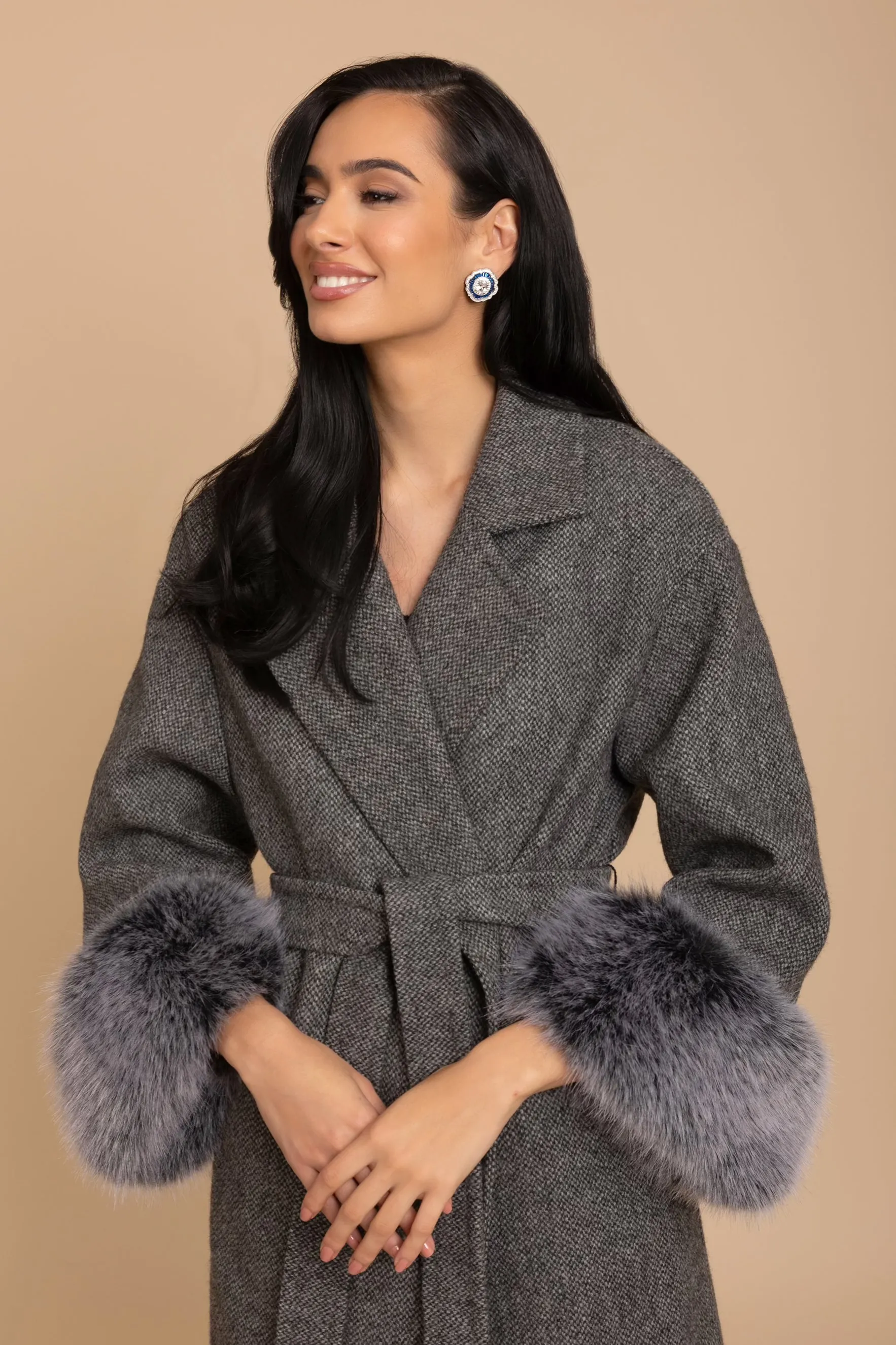 'Film Noir' Wool Tweed and Faux Fur Belted Coat in Grigio