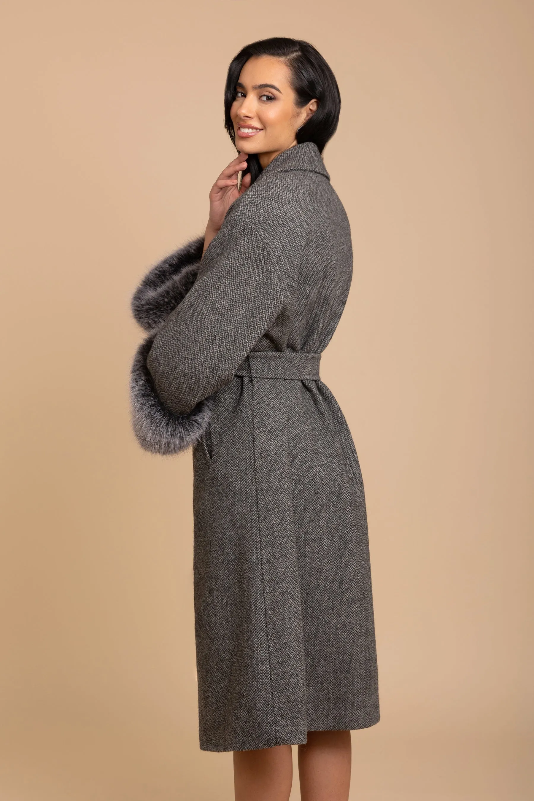 'Film Noir' Wool Tweed and Faux Fur Belted Coat in Grigio