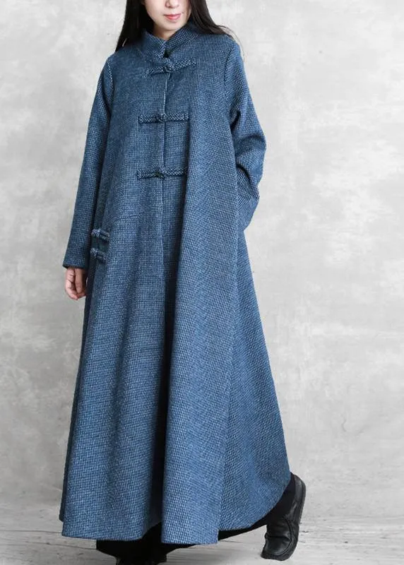 fine blue wool overcoat Loose fitting stand collar Chinese Button long coats