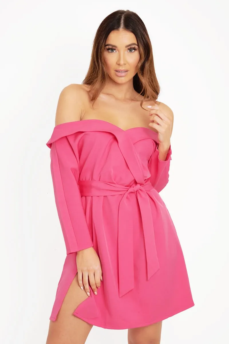 Fuchsia Belted Bardot Skater Dress - Jencie