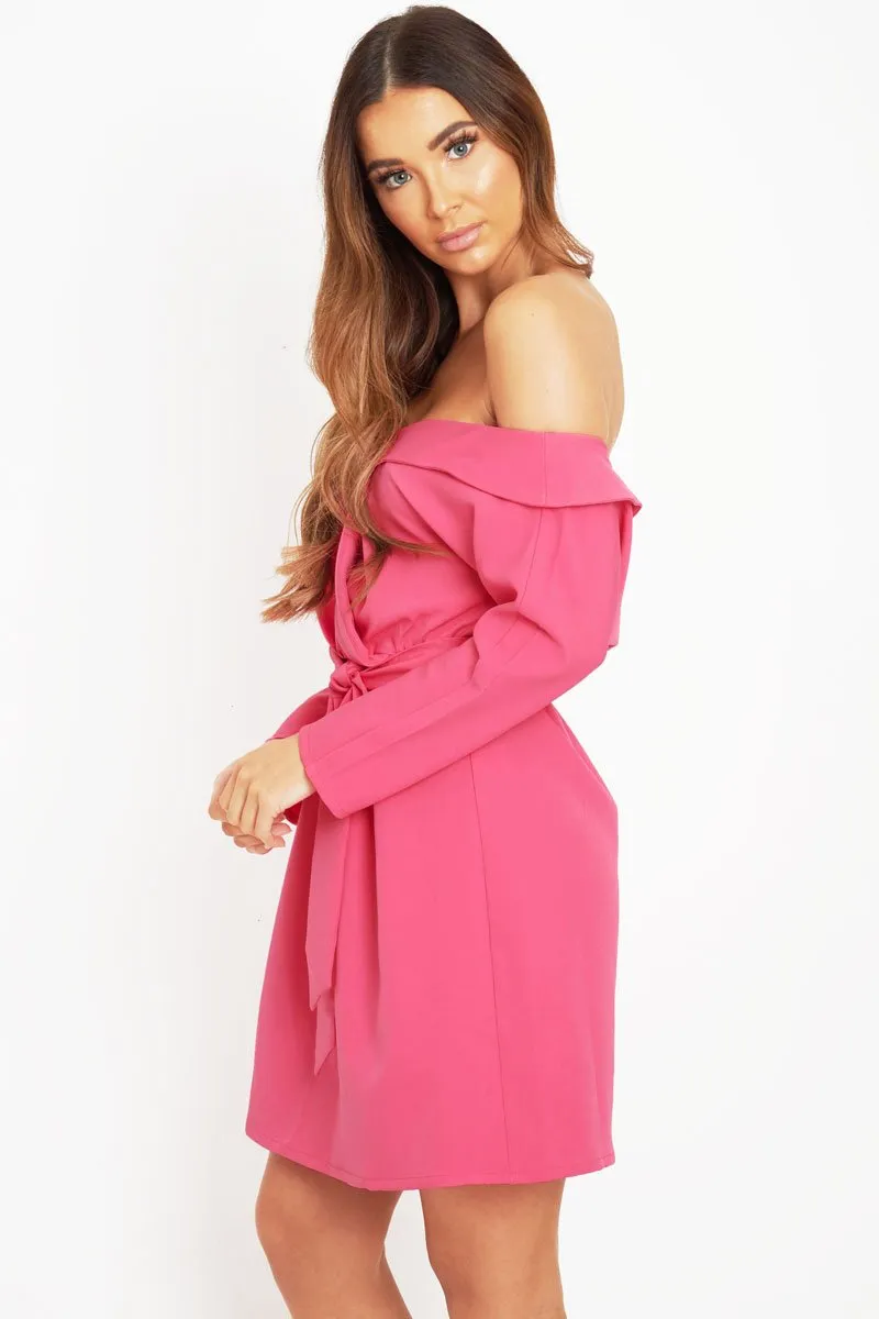 Fuchsia Belted Bardot Skater Dress - Jencie