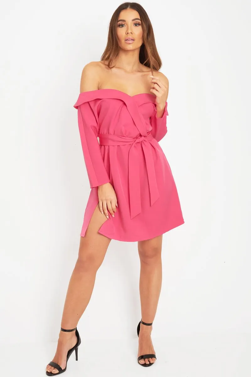 Fuchsia Belted Bardot Skater Dress - Jencie