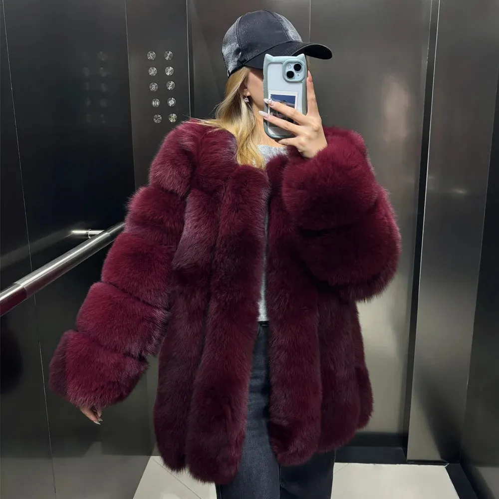 Genuine Fox Fur Coat with Vertical Panel