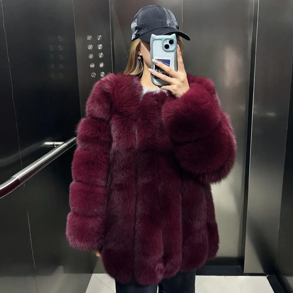 Genuine Fox Fur Coat with Vertical Panel