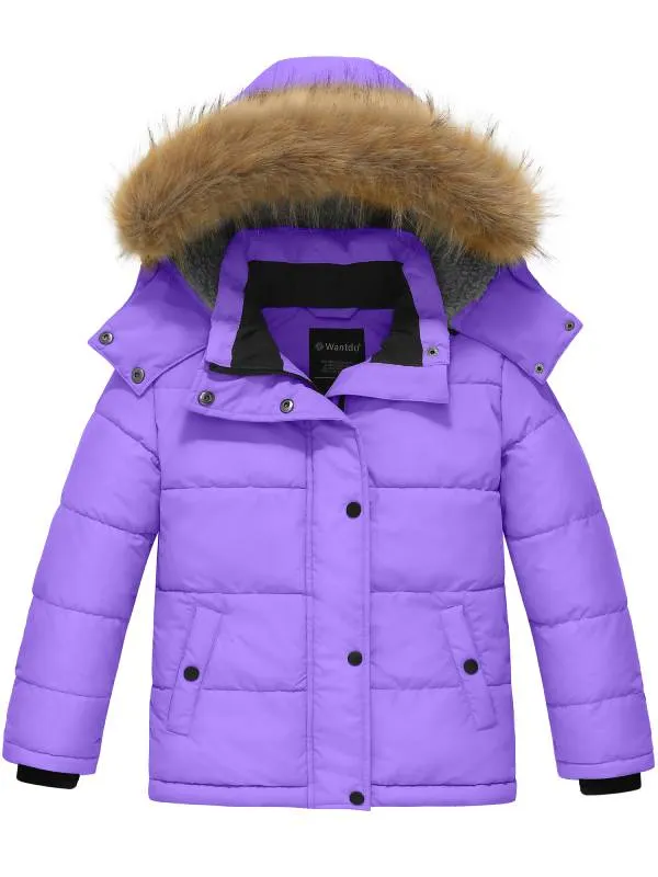 Girl's Padded Puffer Jacket Warm Winter Coat Water Resistant Hooded Parka