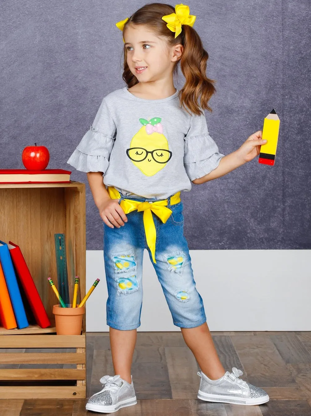 Girls Study Lemon Applique Tunic And Belted Capri Jeans Set