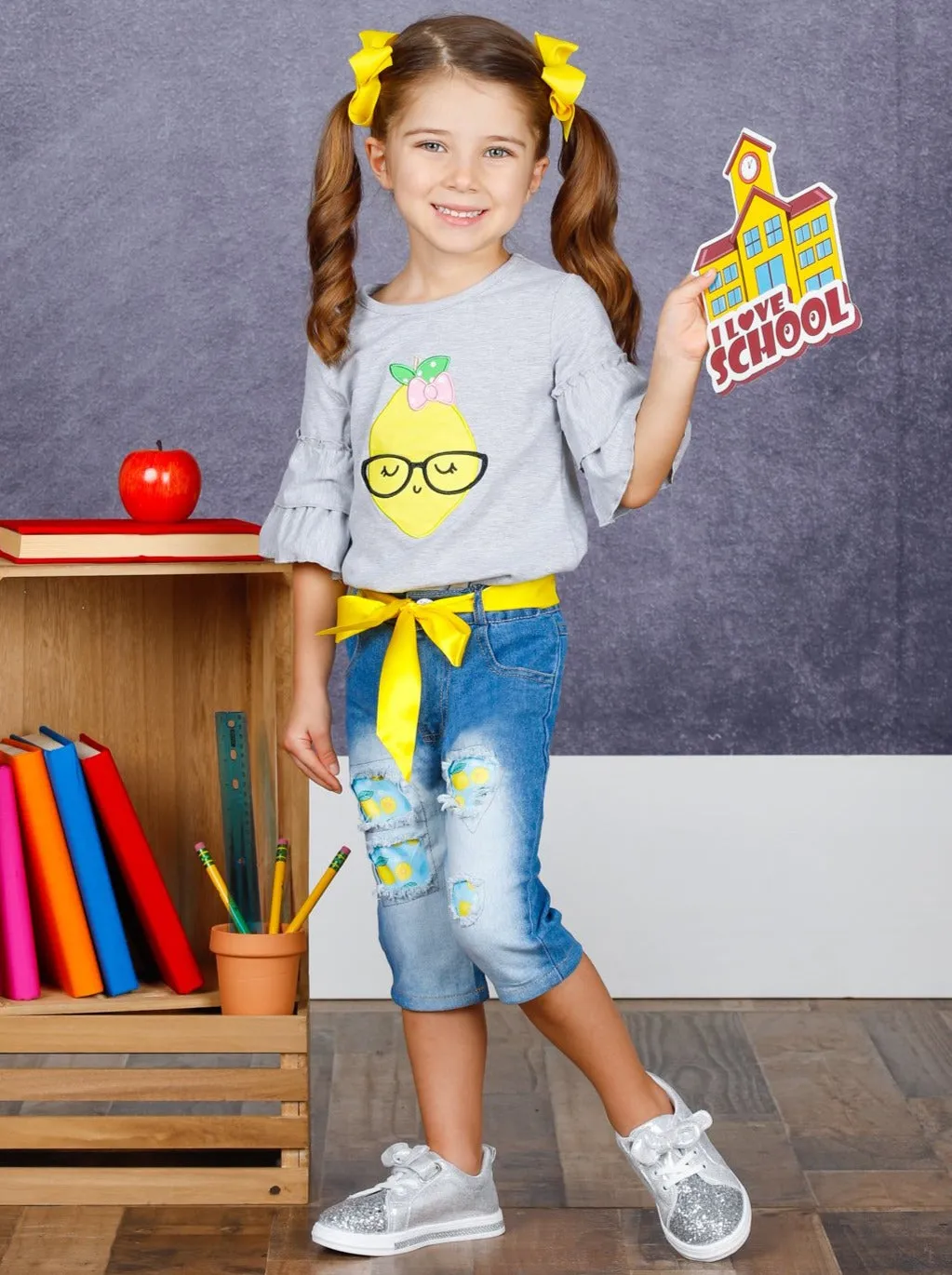 Girls Study Lemon Applique Tunic And Belted Capri Jeans Set