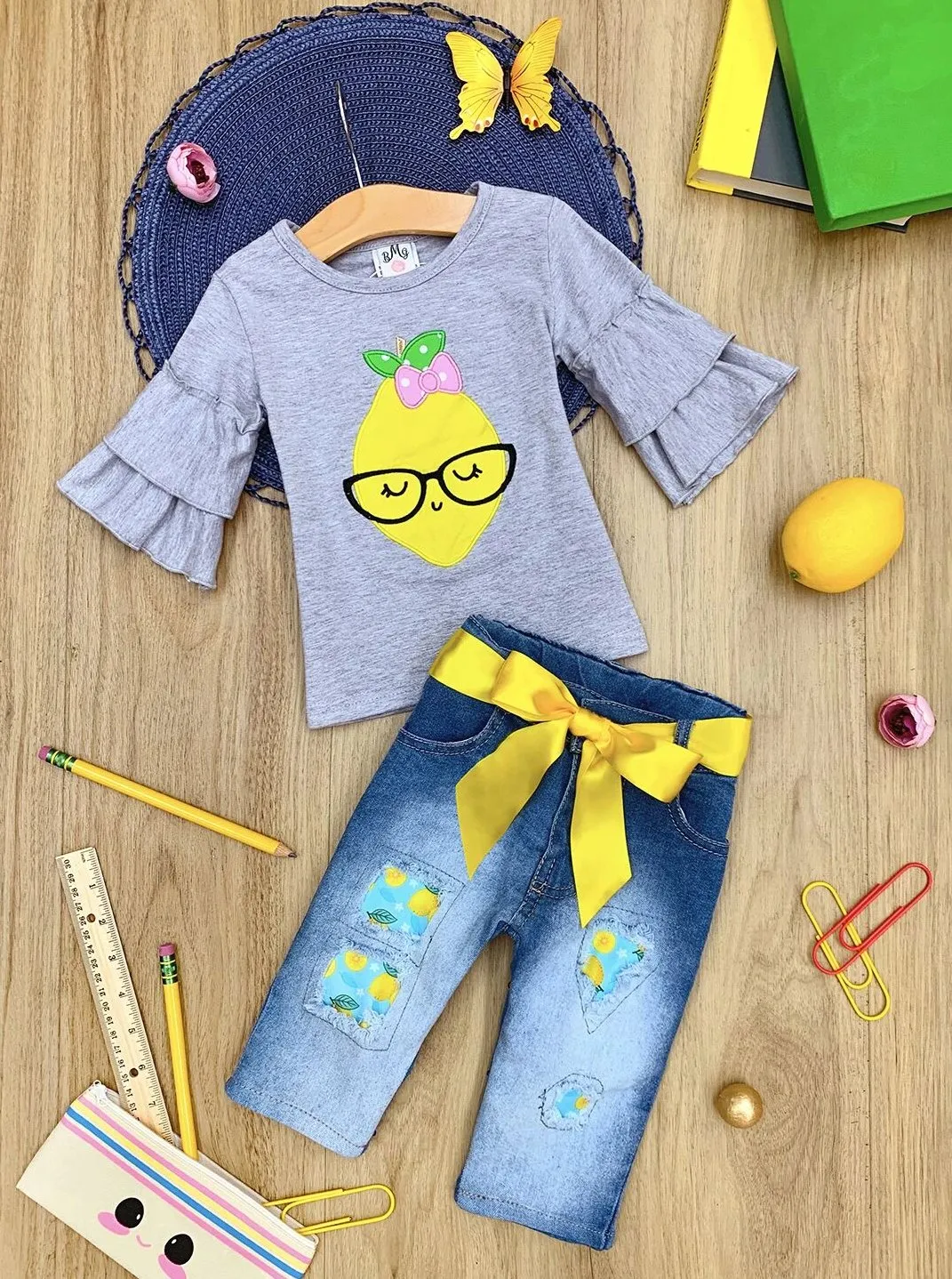 Girls Study Lemon Applique Tunic And Belted Capri Jeans Set