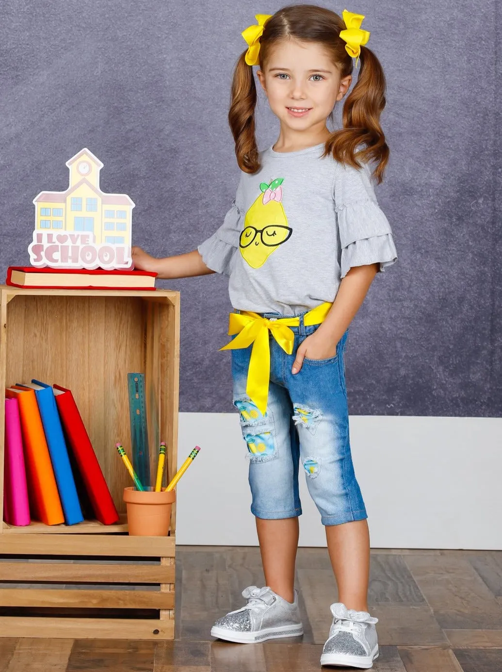 Girls Study Lemon Applique Tunic And Belted Capri Jeans Set