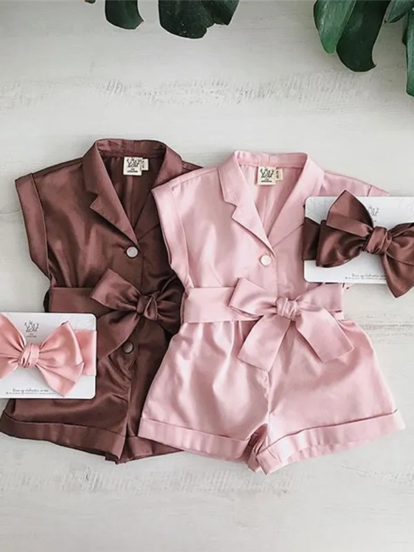 Girls Turn-Down Collar Bow Romper