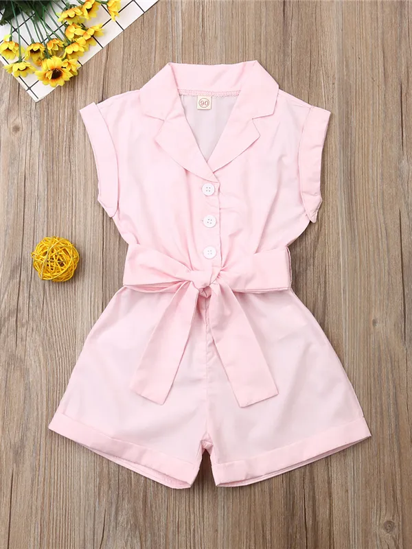 Girls Turn-Down Collar Bow Romper