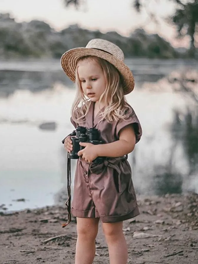 Girls Turn-Down Collar Bow Romper